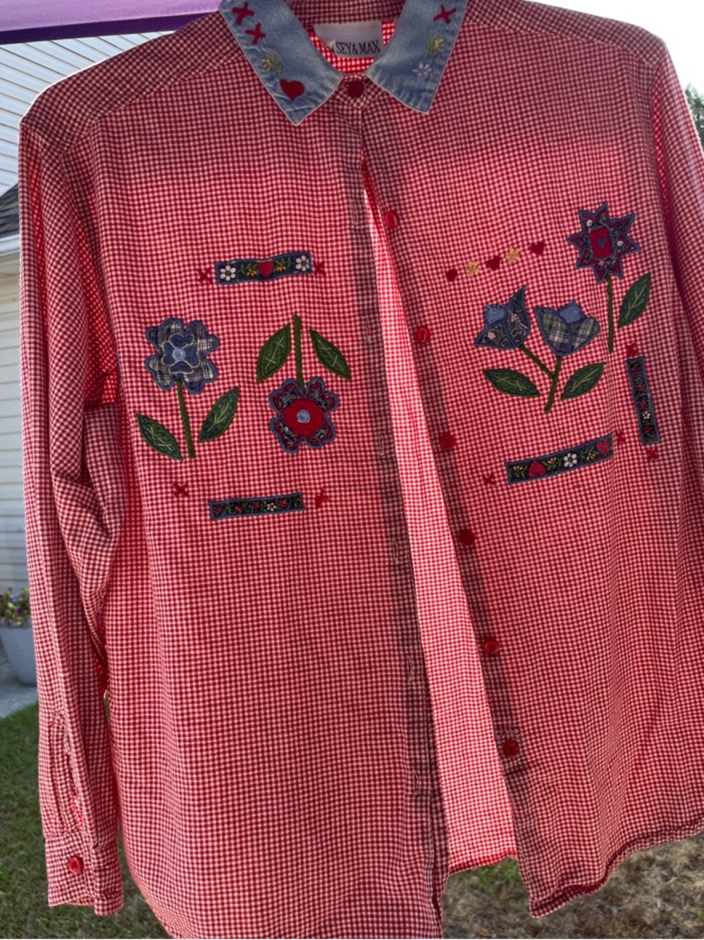 Sandymax Red Gingham Button-Down Shirt with Floral Embroidery
